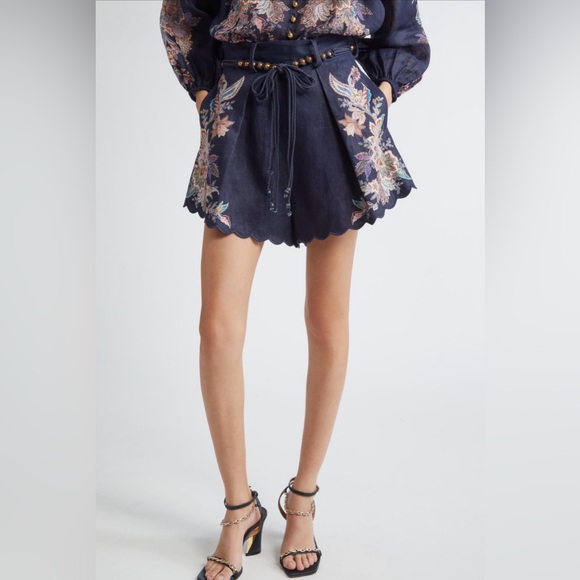 Zimmermann Rhiannon Tuck Paisley Linen Shorts Women 12 US Navy Floral High Waist - Picture 3 of 17